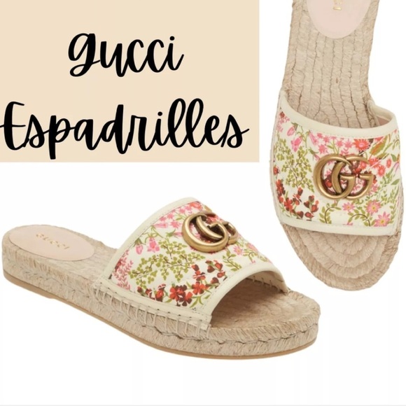 GUCCI 2019 Pilar Double G Floral Espadrille Canvas Slide Sandals 41 10C Wide - Picture 1 of 16